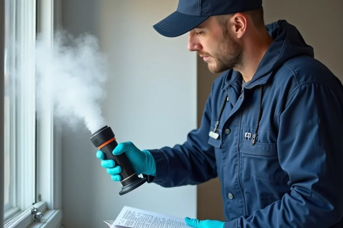EPA registered antimicrobial fogger misting interior air duct system to neutralize spores