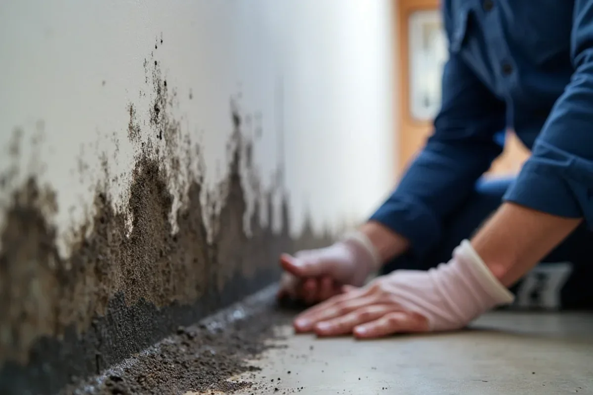 Severe Stachybotrys black mold growth along lower drywall seam in damp Ogden basement