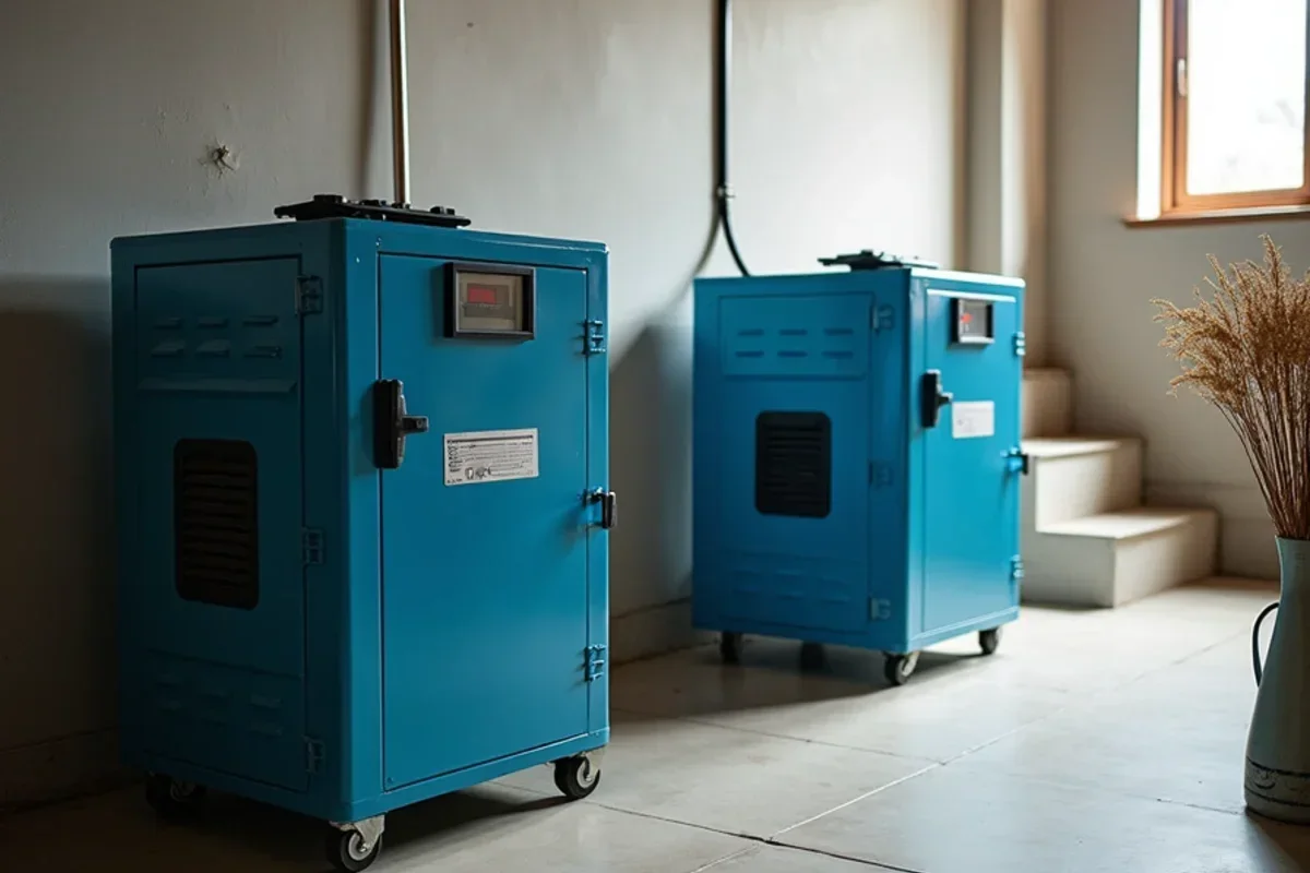 Two industrial dehumidifiers running on concrete basement floor with moisture exhaust