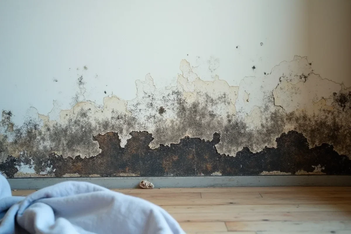 Peeling paint revealing dense black mold growth along baseboard in damp room