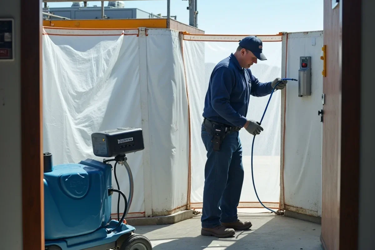 Zippered plastic containment barrier and commercial HEPA air scrubber illustrating equipment setup