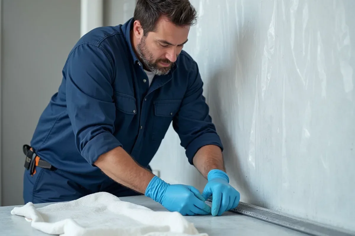 Technician taping 6 mil polyethylene containment barrier with zipper access door