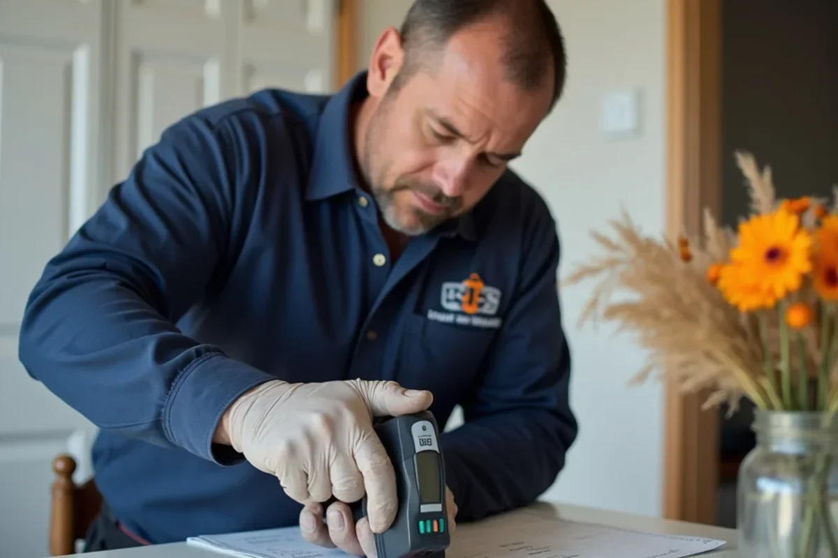 Inspector pressing digital pin moisture meter into bottom plate framing to verify dry standard
