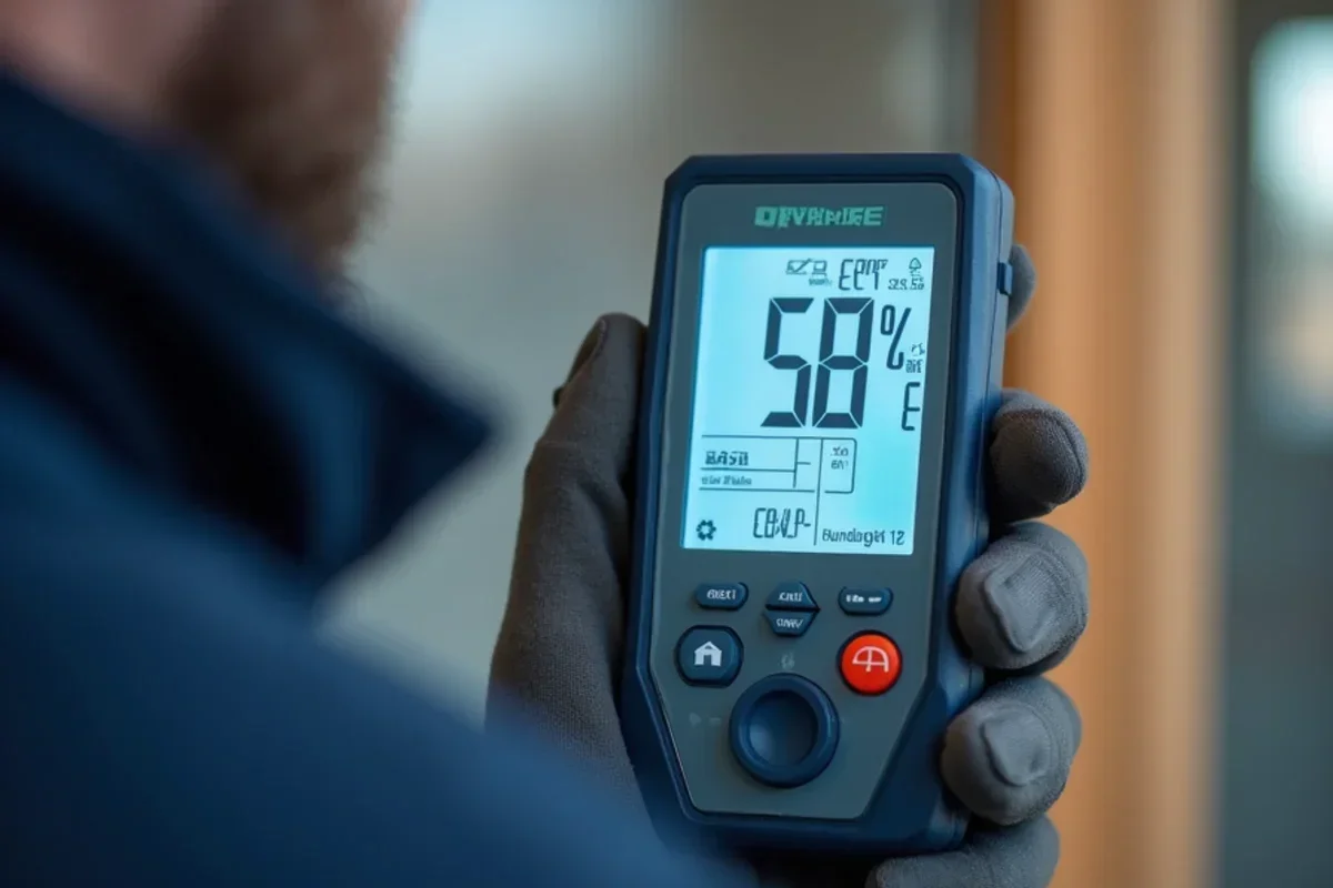 Digital hygrometer displaying 58 percent relative humidity inside cold winter home