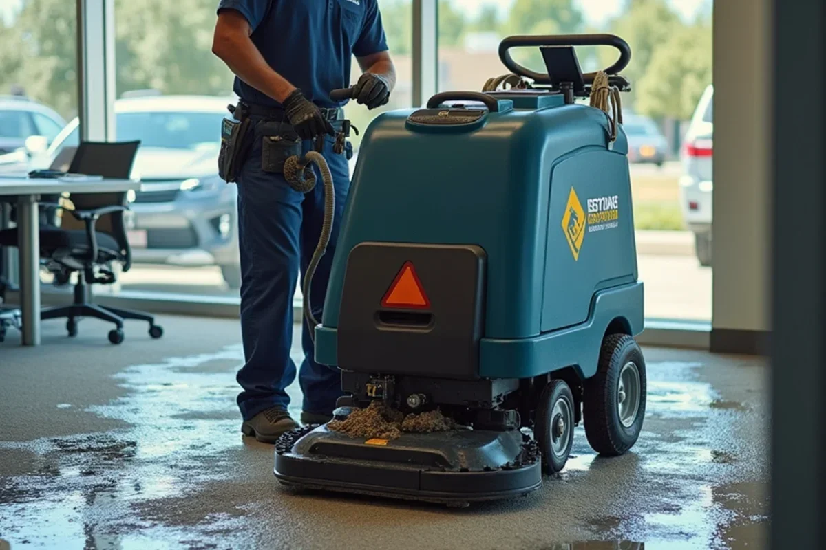 Commercial ride on water extractor removing water from flooded office building carpet in Ogden
