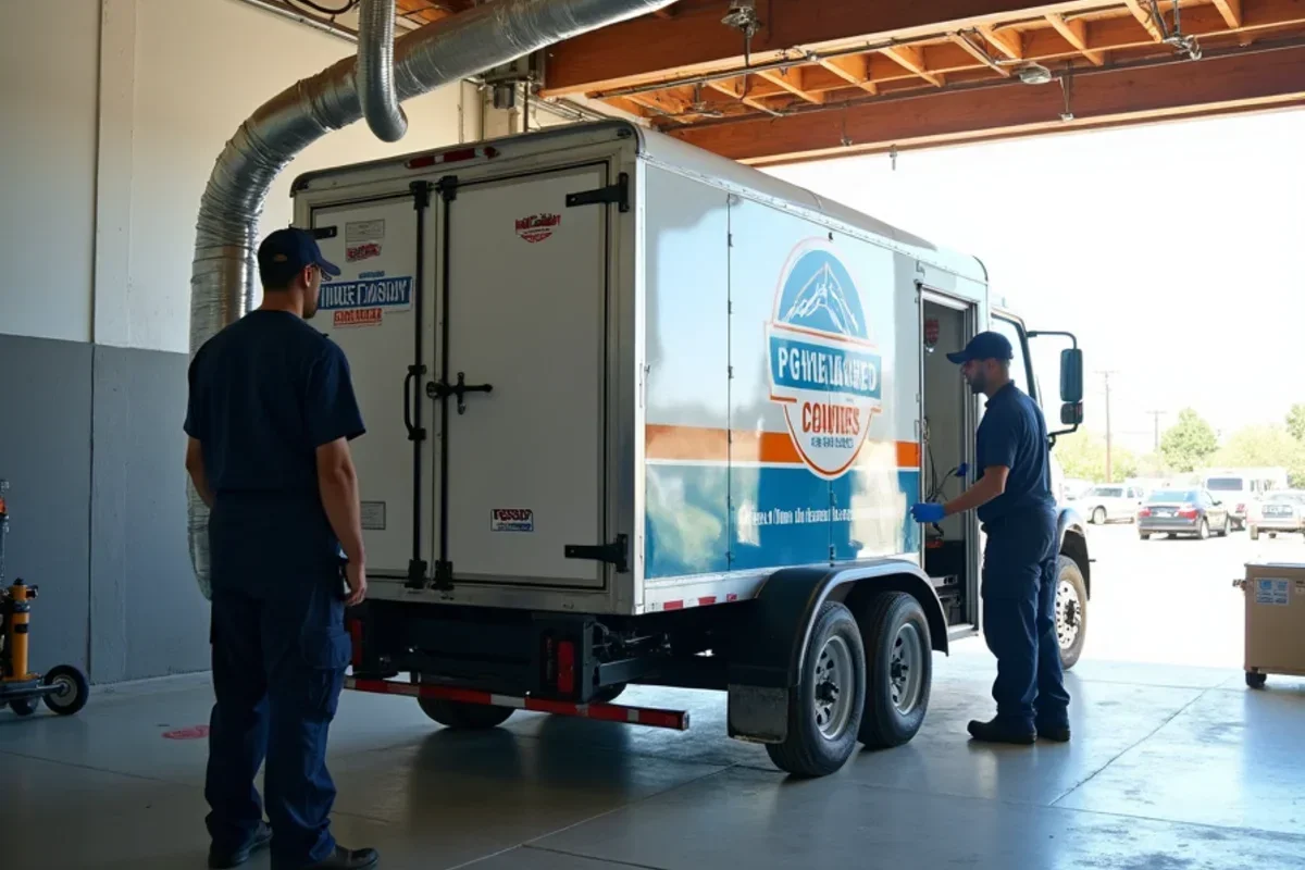 High capacity trailer mounted desiccant dehumidifier ducting warm dry air into commercial facility