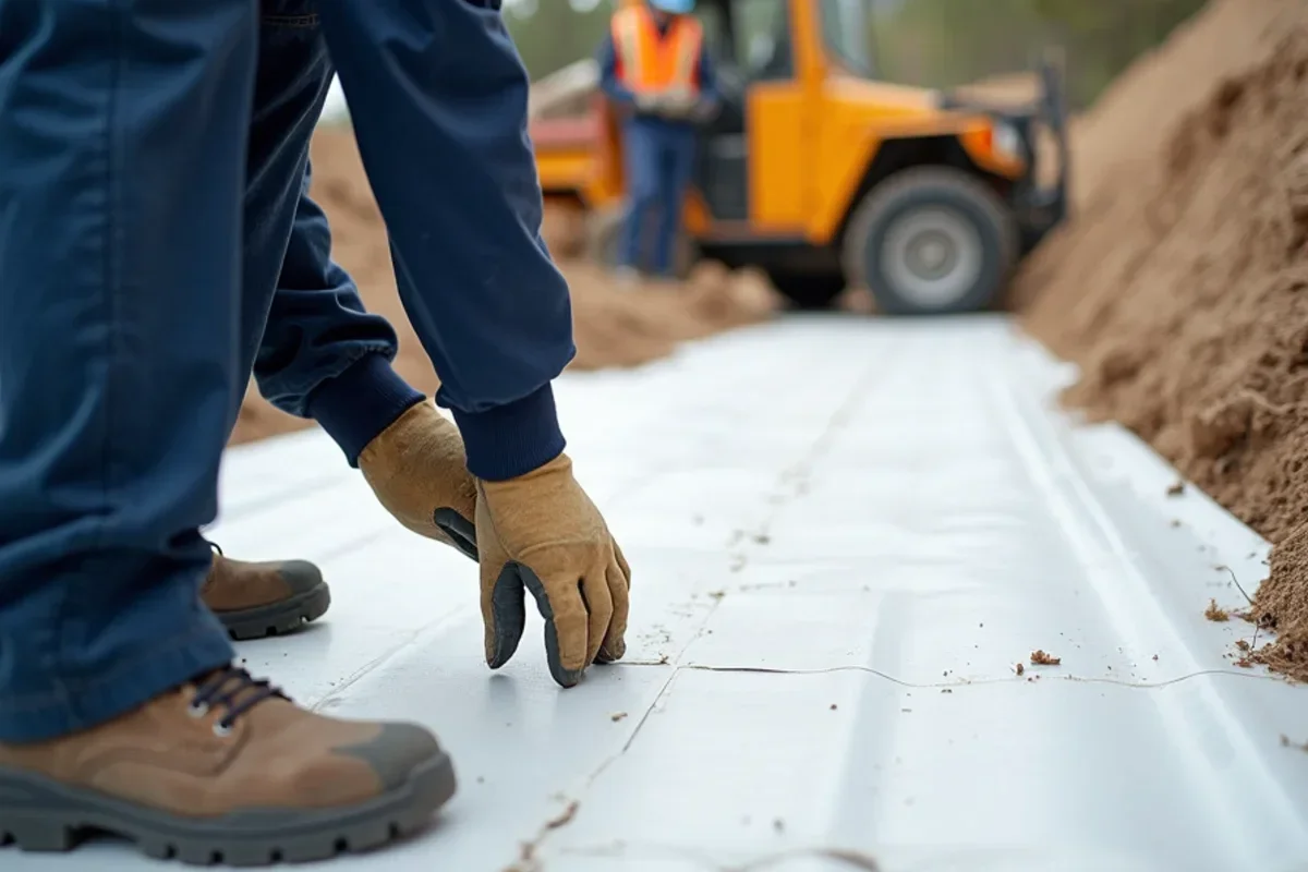 Brand new 20 mil reinforced white vapor barrier sealed across crawlspace ground and piers