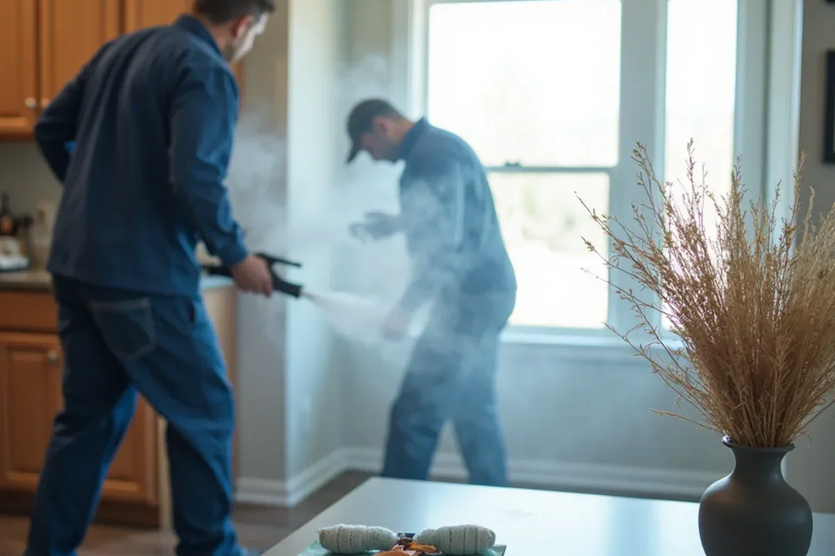 Dry fog mist traveling through return registers and air duct system purifying entire HVAC