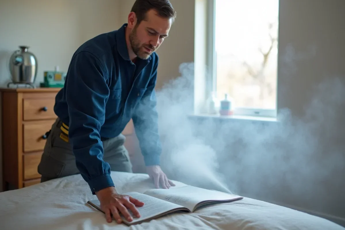 Second-stage antimicrobial barrier fog being dispersed into Ogden bedroom