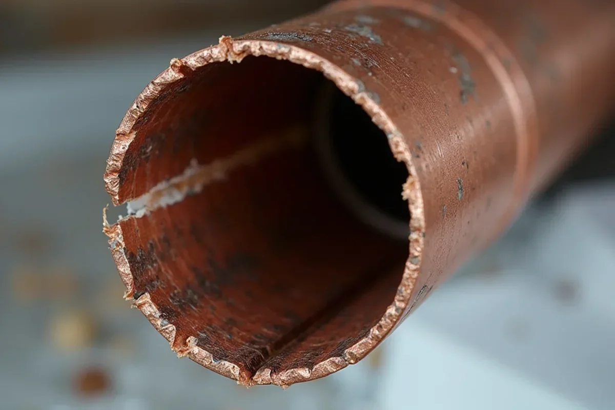 Close up of ruptured copper pipe showing frozen freeze split seam inside basement ceiling