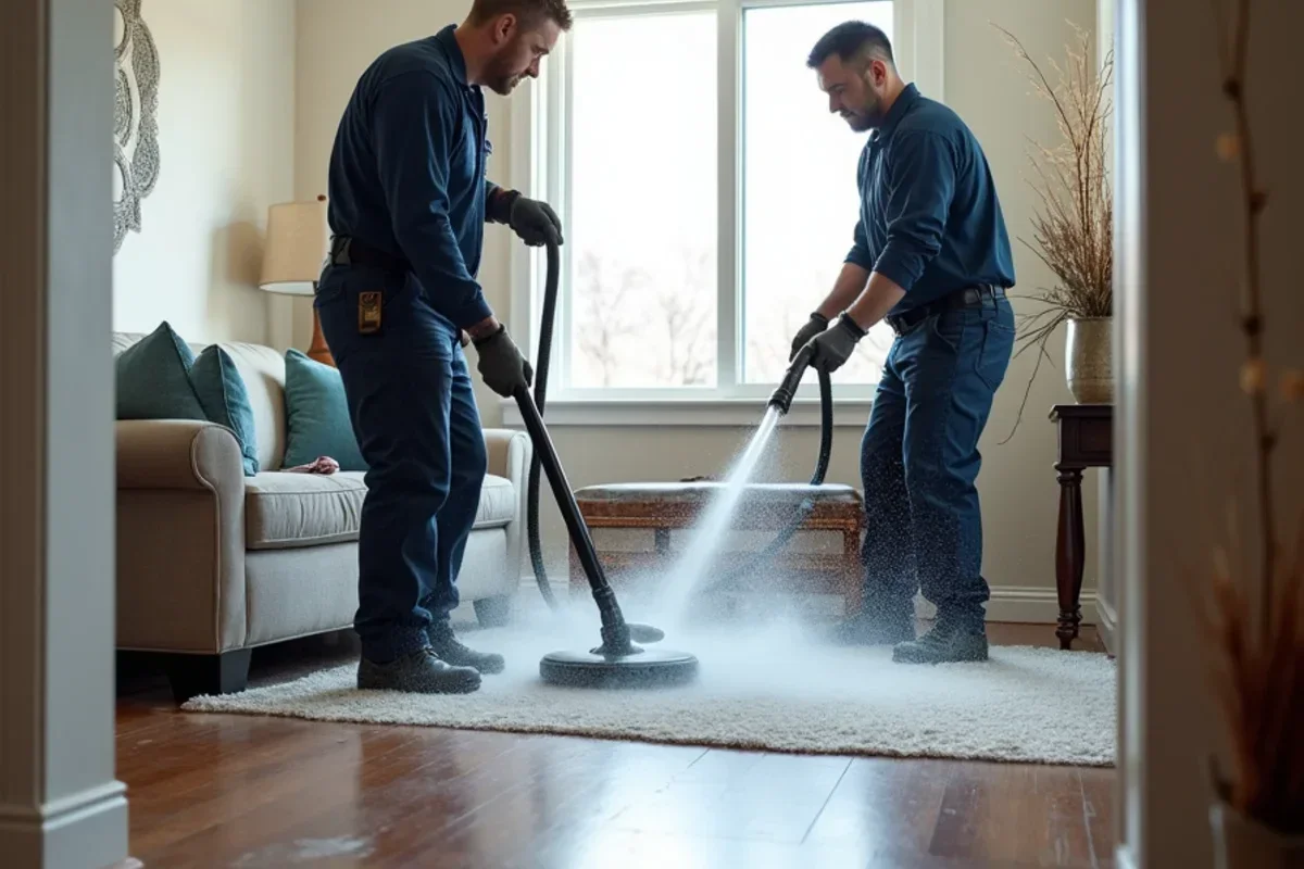 Crew operating dual extraction hoses rapidly removing water from saturated hardwood