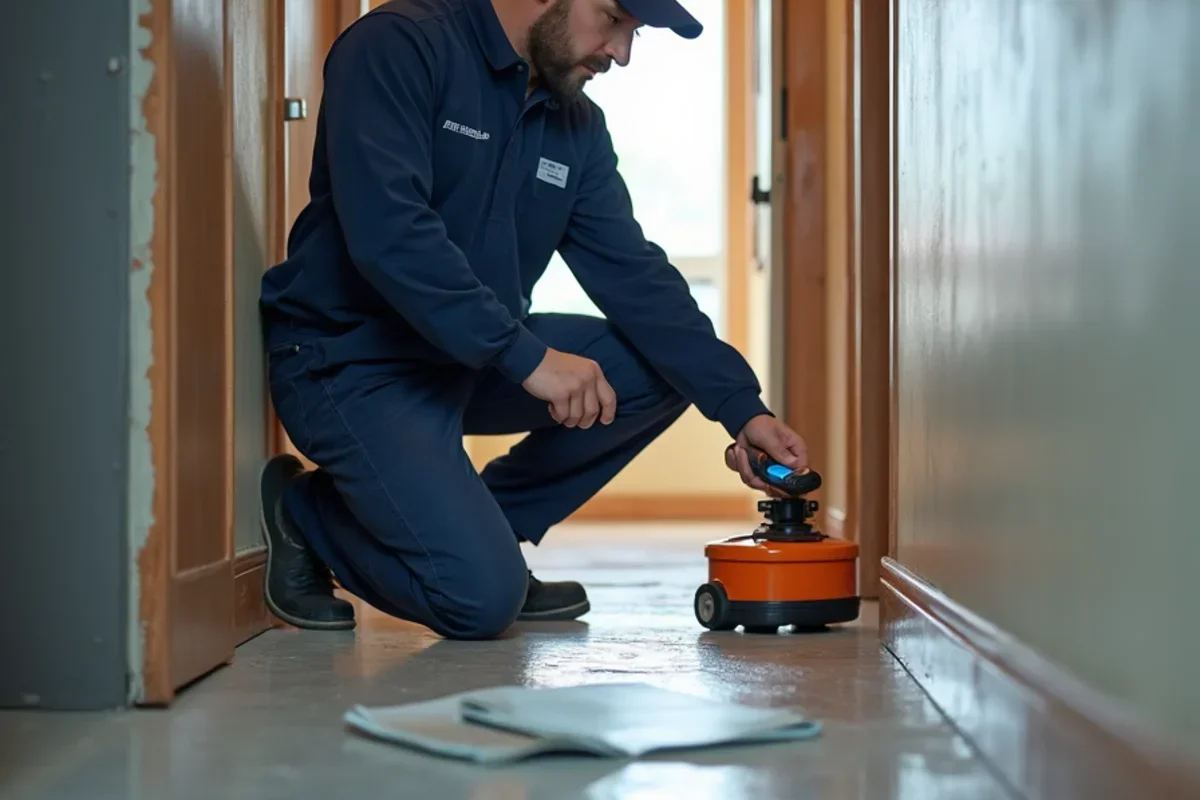 Restoration specialist triaging water spread across hallway with electronic moisture probe