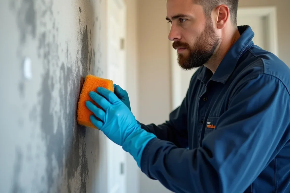 Restoration technician using specialized chemical dry soot sponge on smoke damaged wall