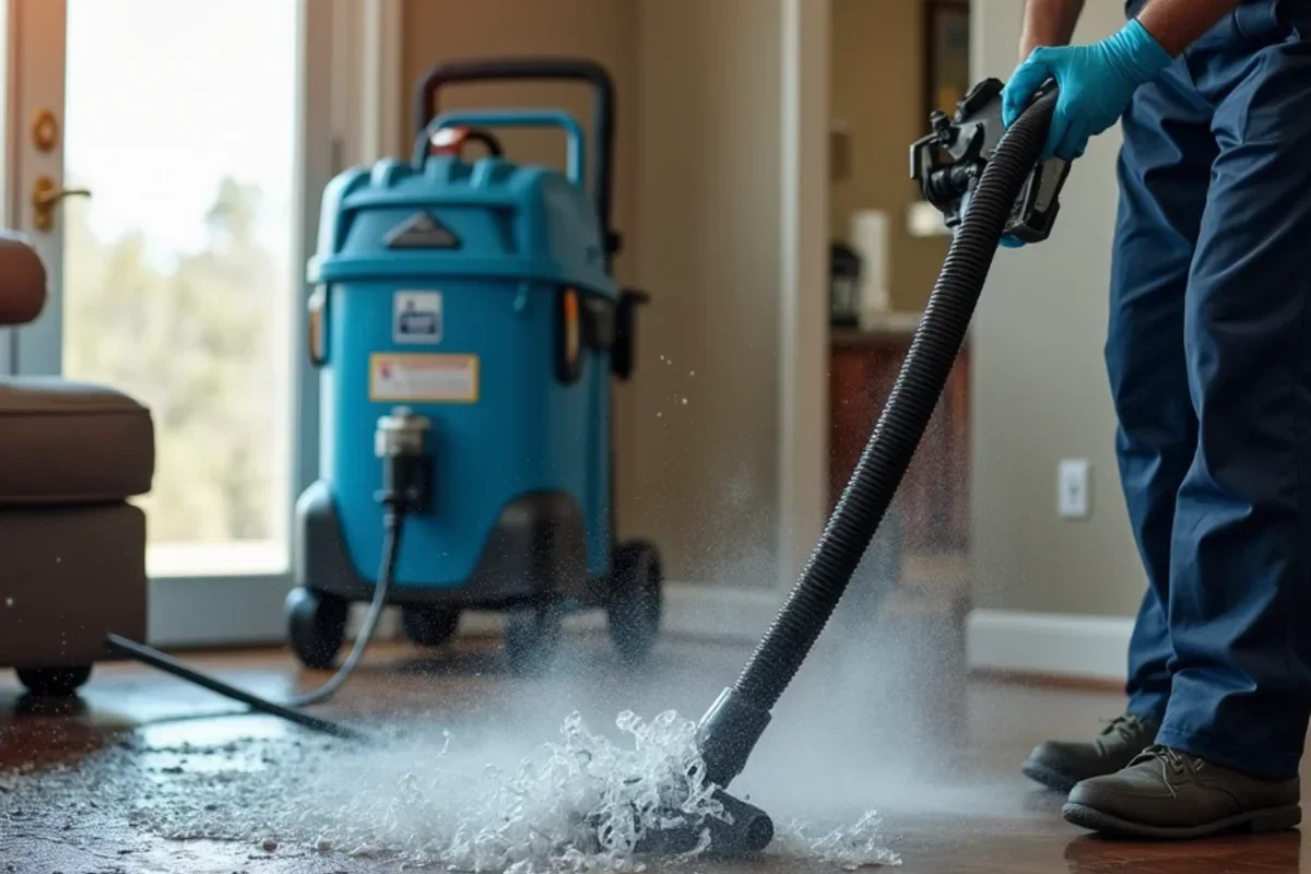 High suction water extractor removing gallons of standing firefighting water from living room