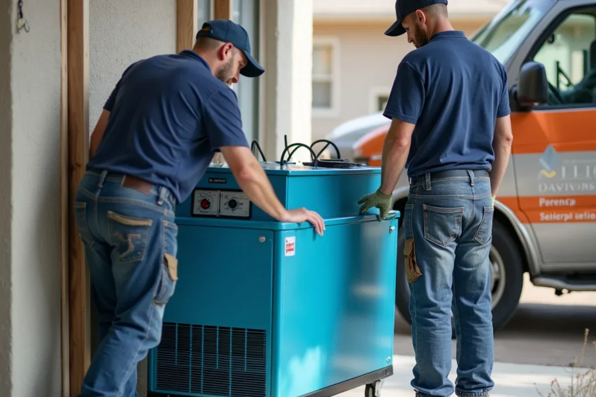 Low grain refrigerant industrial dehumidifiers and axial air movers placed for structural drying in Ogden UT