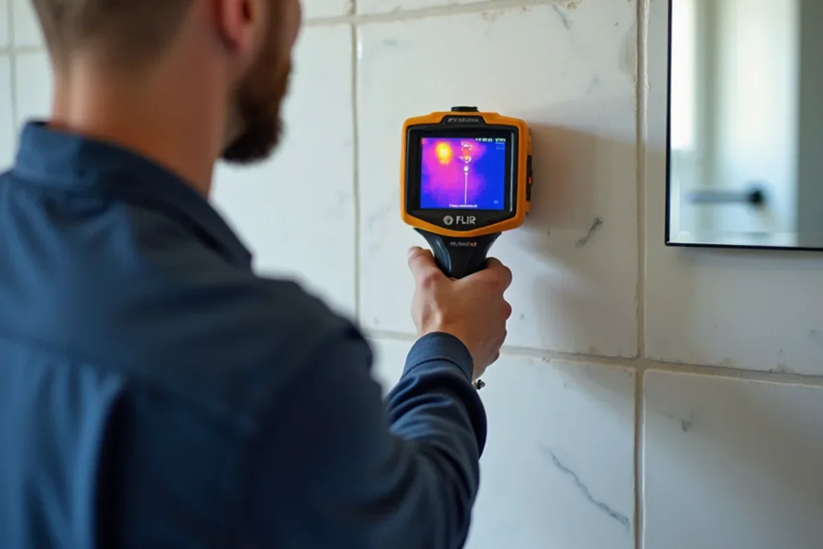 FLIR infrared camera detecting concealed plumbing pipe leak behind bathroom tile