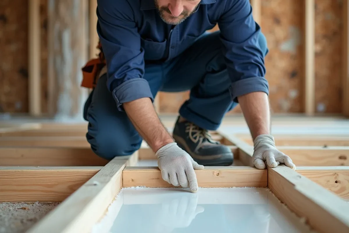 Project manager inspecting uniform coverage of mold resistant coating on wooden subfloor
