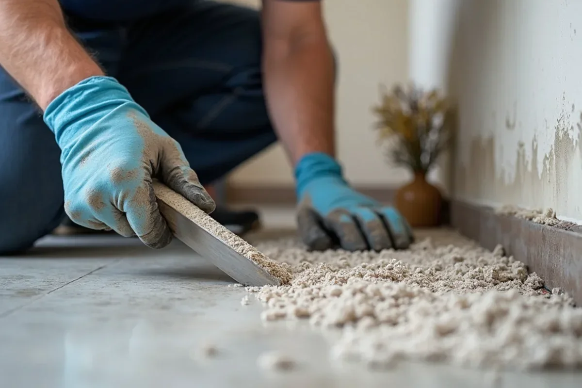 Removing damp moldy basement carpet and tack strip exposing stained concrete floor