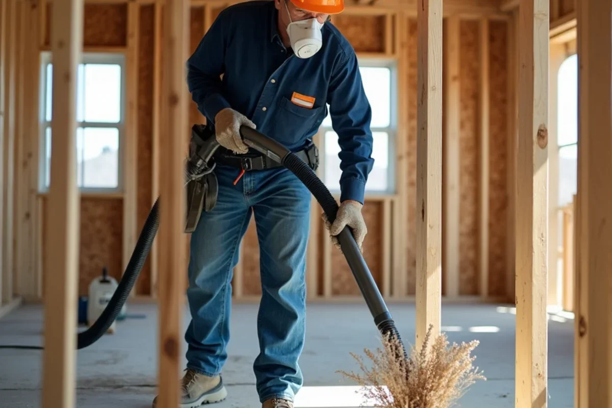 Remediation tech HEPA vacuuming fungal growth from wet 2x4 framing studs