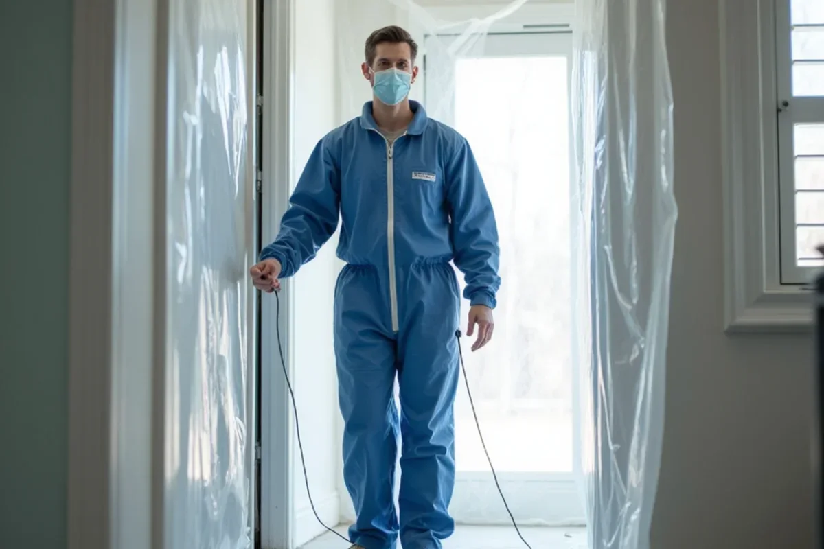 Heavy 6 mil polyethylene containment barrier with zipper doorway isolating mold affected room