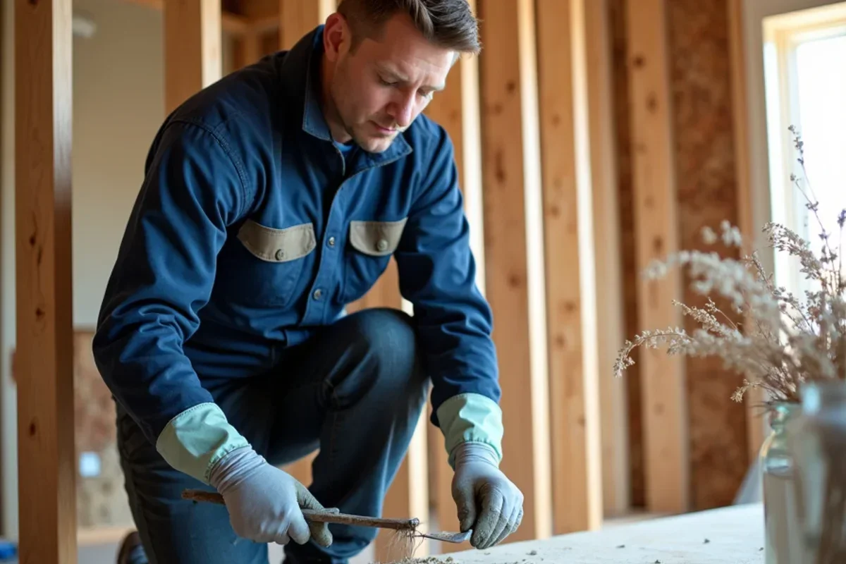 Technician scrubbing and wire brushing fungal growth off exposed Douglas fir wall framing