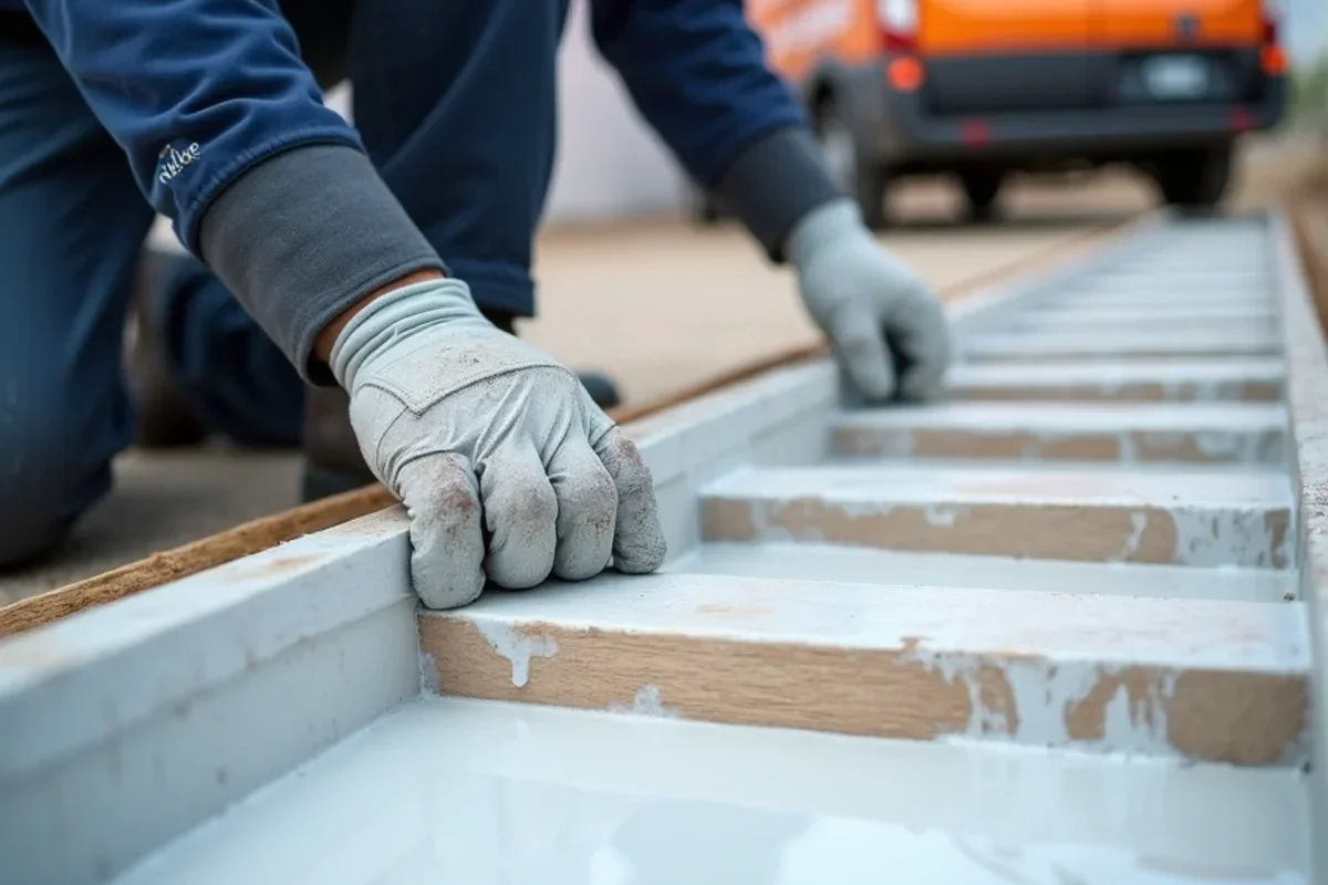 White antimicrobial encapsulant coating applied across basement joists to block mold regrowth