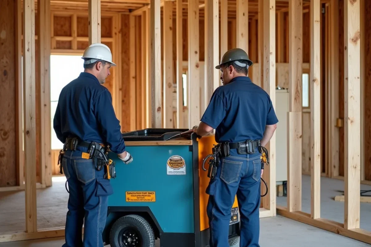 Commercial LGR dehumidifier drying newly built home framing in Farr West