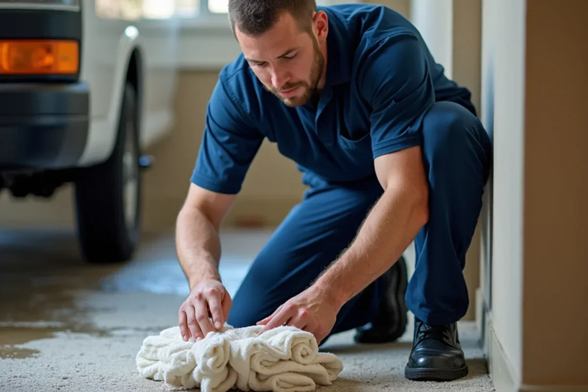 Technician extracting flood water from carpeted basement floor in Layton Utah