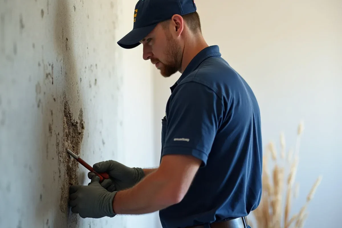 Technician checking moisture levels on drywall after burst supply line in Layton