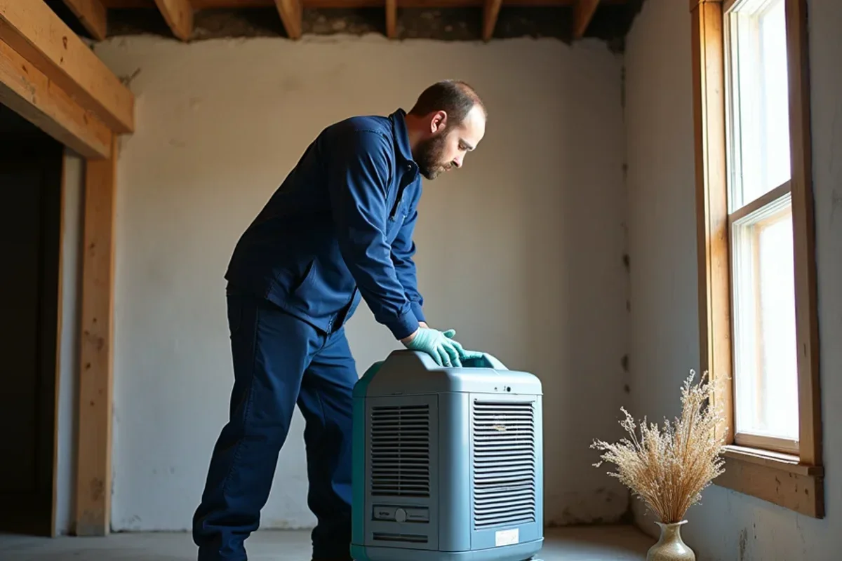 Commercial LGR dehumidifier running in renovated farmhouse basement in Weber County