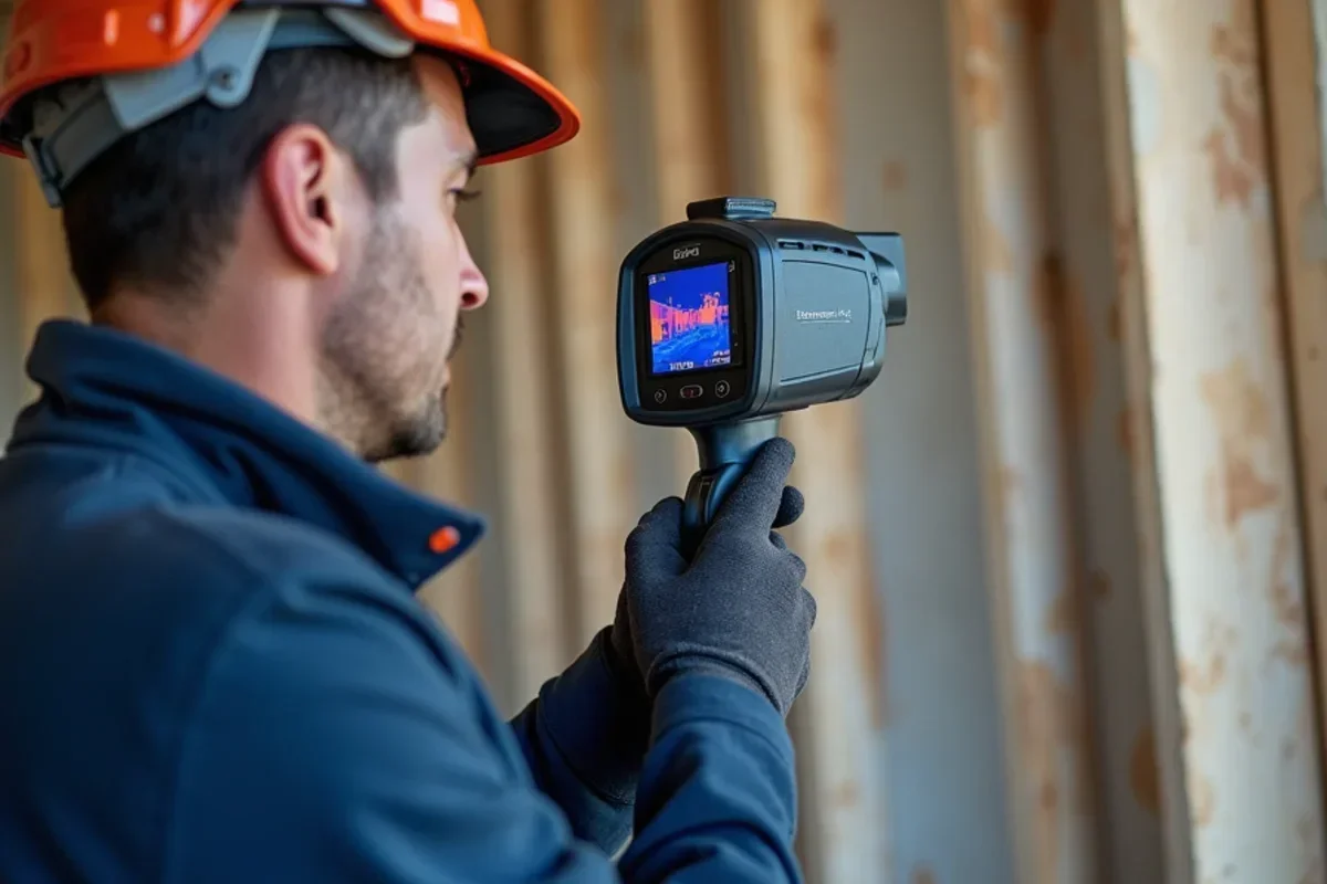 Thermal imaging camera scanning historic river bottomland foundation wall in Marriott-Slaterville