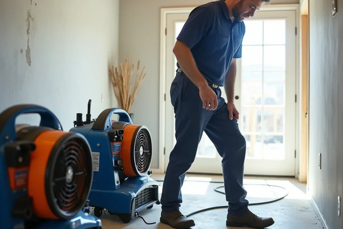 Industrial air movers and LGR dehumidifiers drying finished basement walls in North Ogden