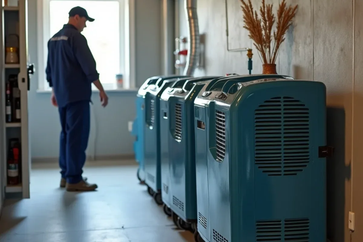 Commercial desiccant dehumidifiers running in large custom finished basement