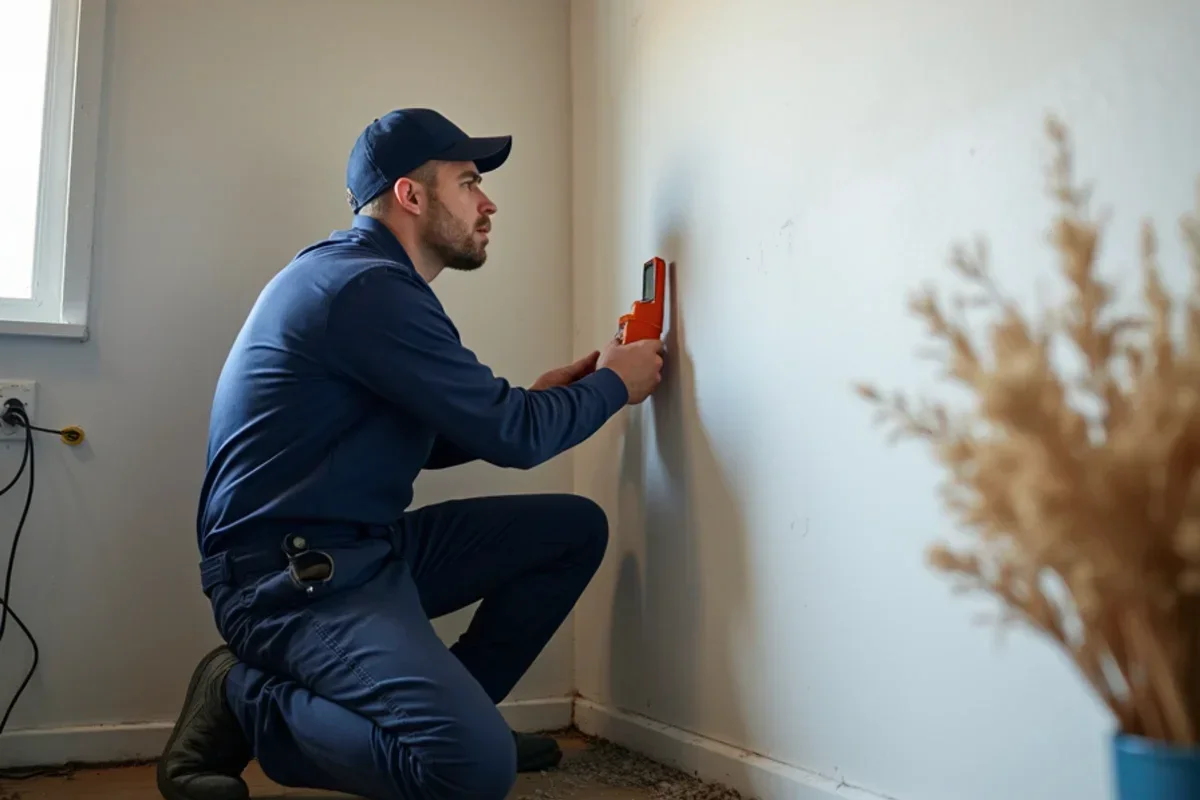Technician checking moisture levels on drywall in flooded Riverdale residential basement
