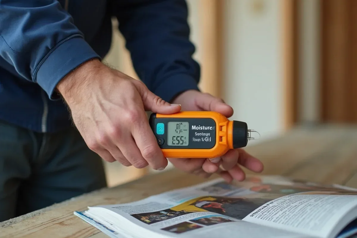 Electronic pin moisture meter checking base of drywall framing after water removal