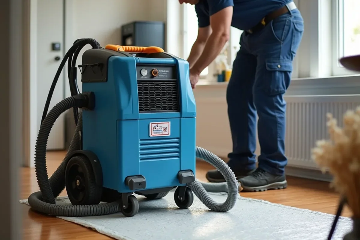 Commercial LGR dehumidifier and floor drying mats extracting water from oak floors