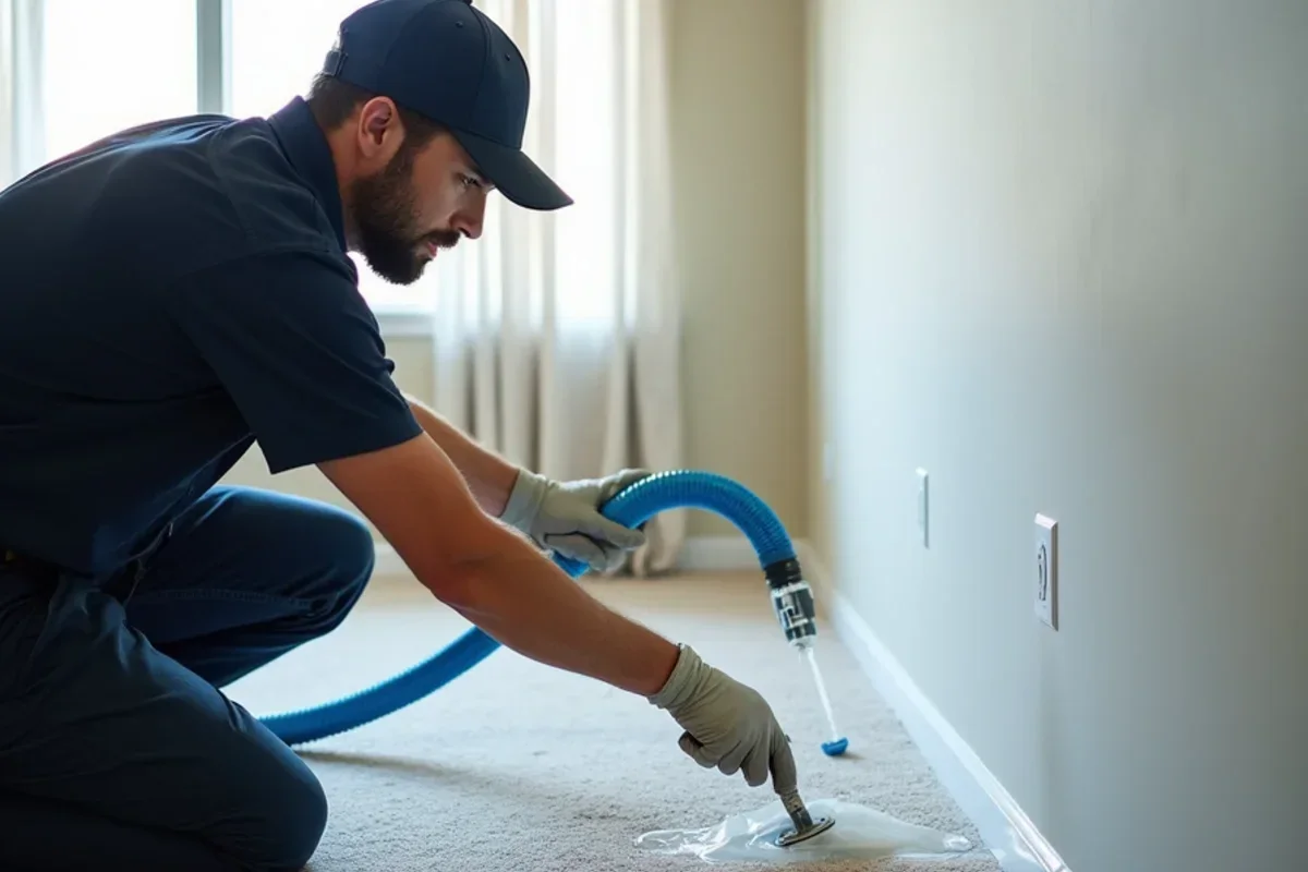 Technician extracting storm roof leak water from ceiling and carpet in Washington Terrace