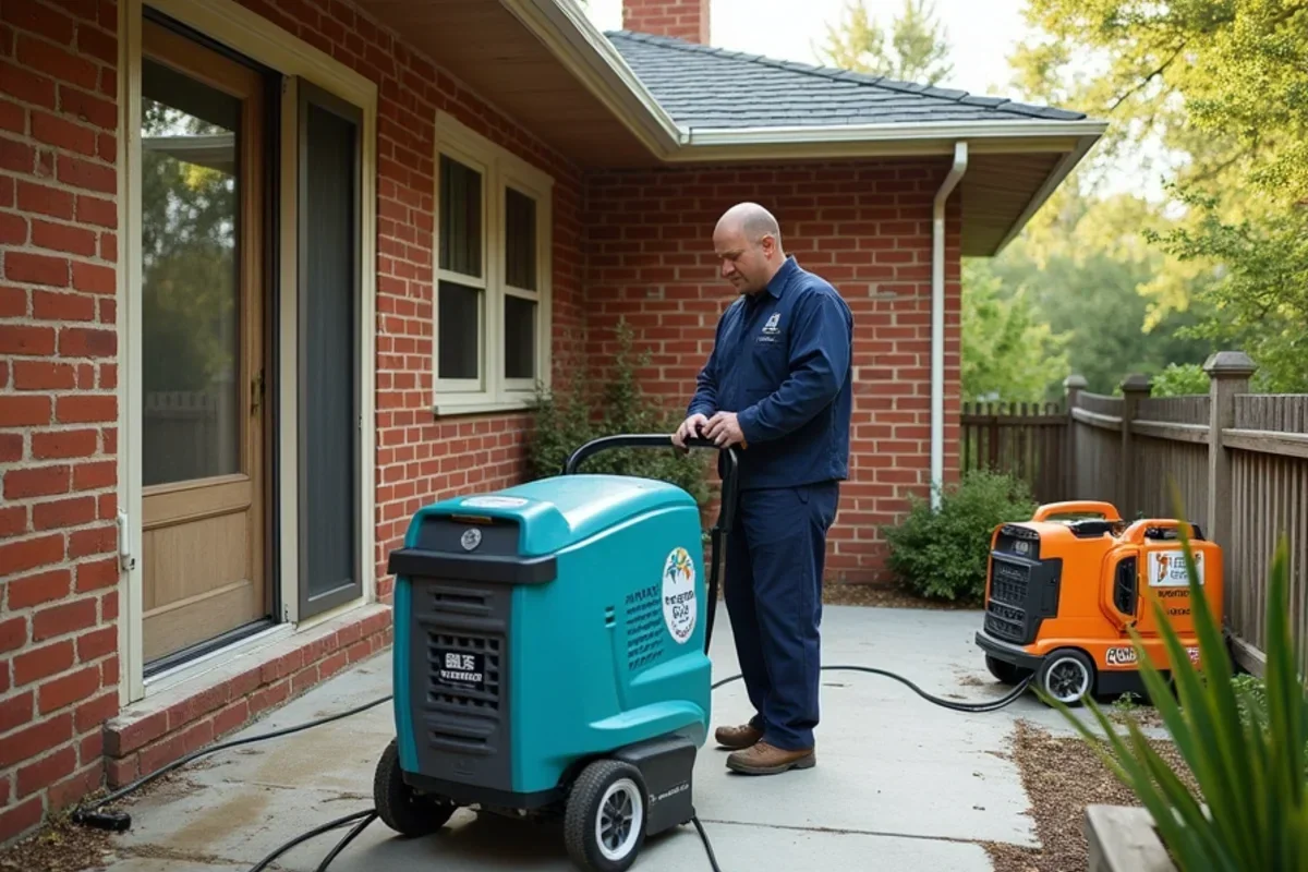 Commercial LGR dehumidifier and air movers drying subfloor in mid century brick home