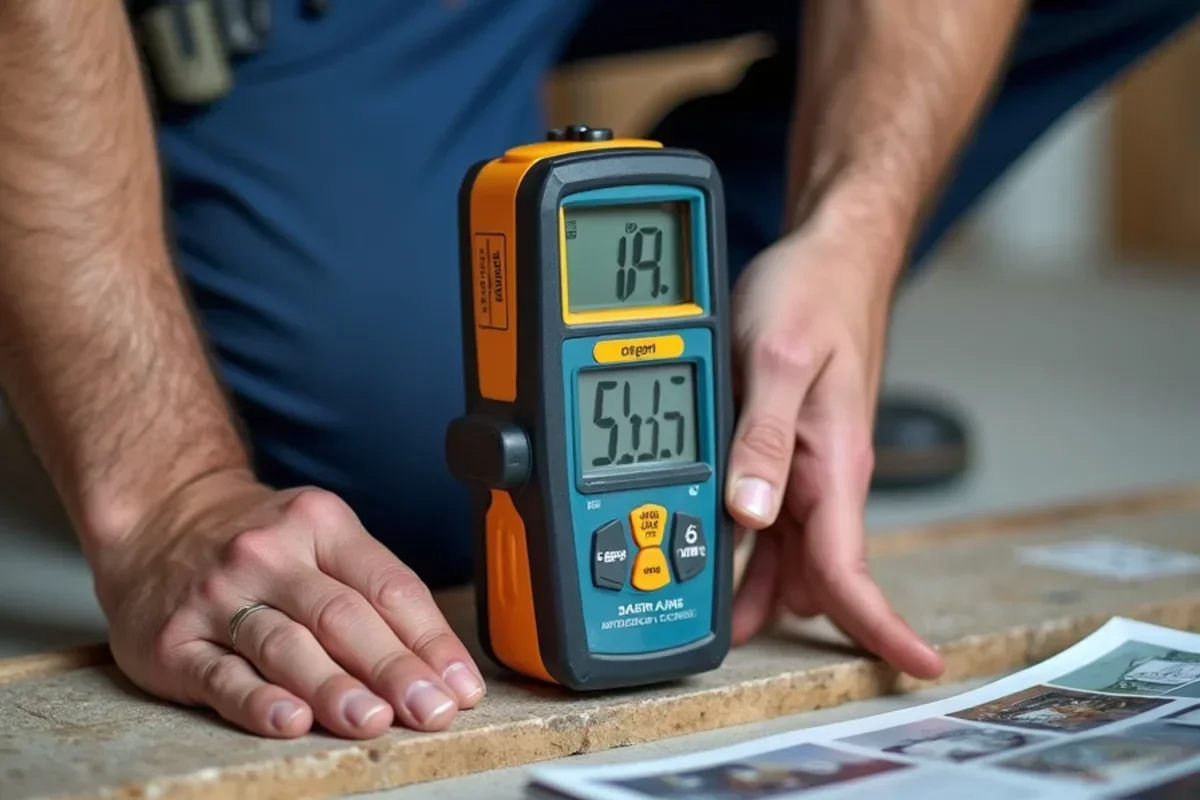 Digital moisture meter checking sill plate framing in basement utility room