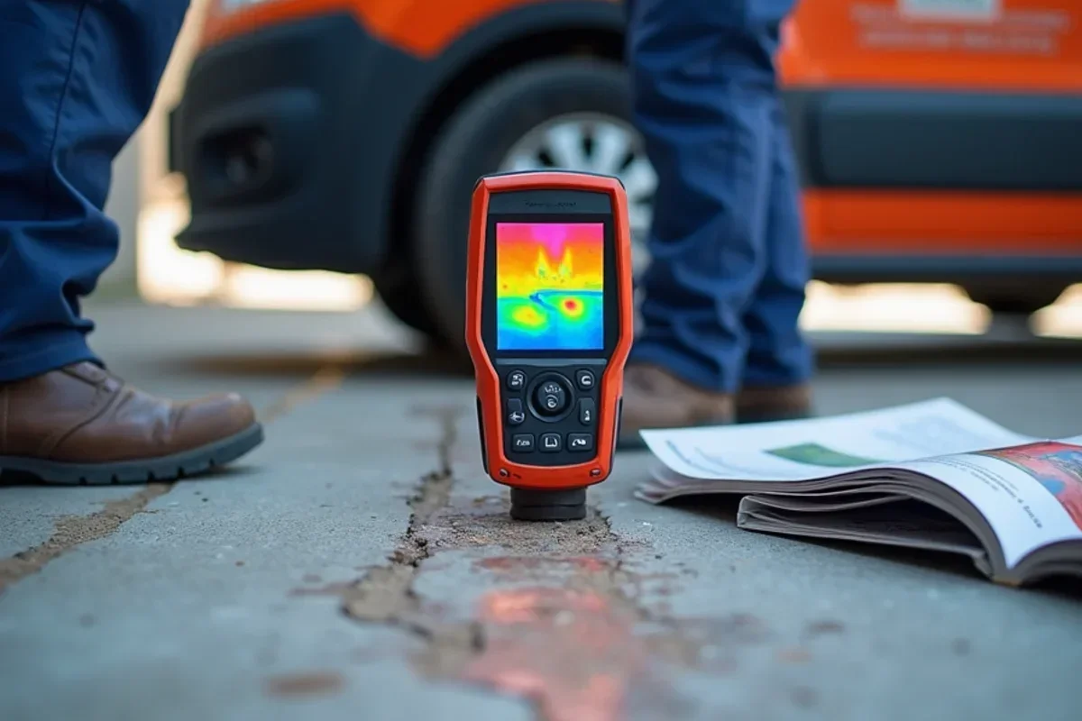 Thermal imaging camera revealing moisture wicking across concrete foundation slab