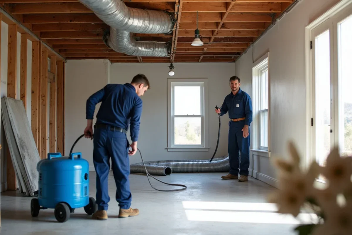 Dehumidification hose and air mover directing dry air into joist cavity above ceiling