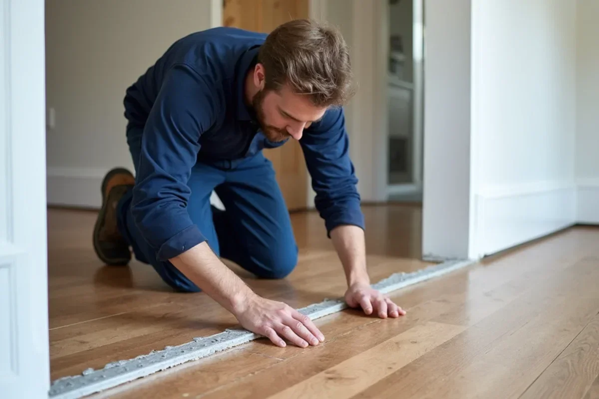 Installer laying replacement oak hardwood planks matching existing historic floor