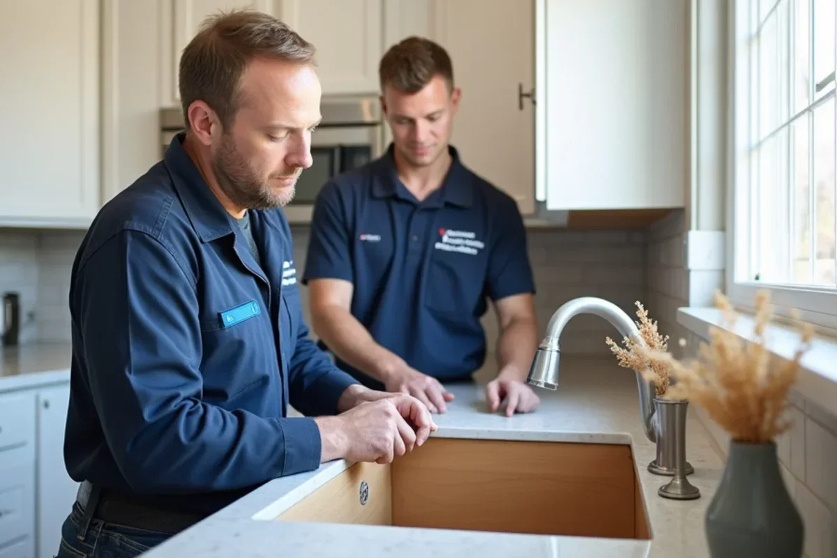 Kitchen base cabinets and quartz countertop being re-installed after leak repair