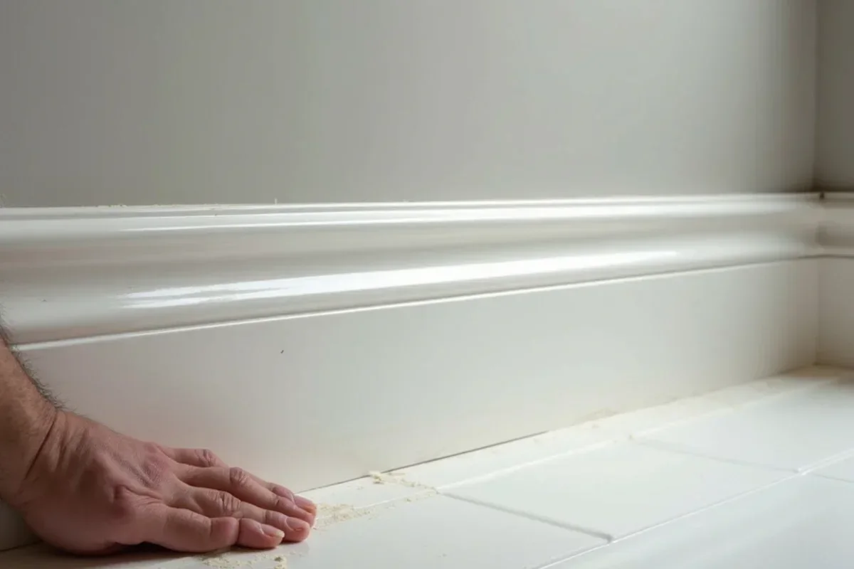 Finished baseboard trim caulked and painted following full water restoration rebuild