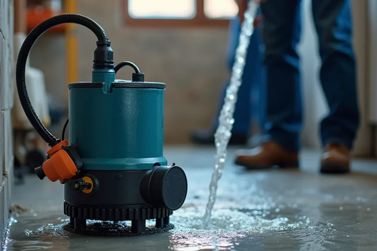 Submersible water pump discharging flood water from flooded basement floor in Weber County