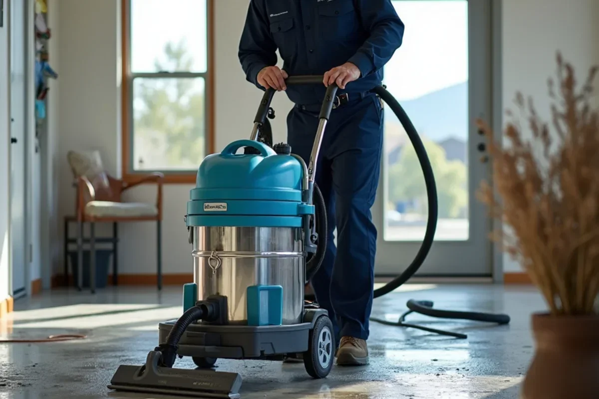 Technician operating high-volume wet vacuum on flooded concrete floor in Ogden