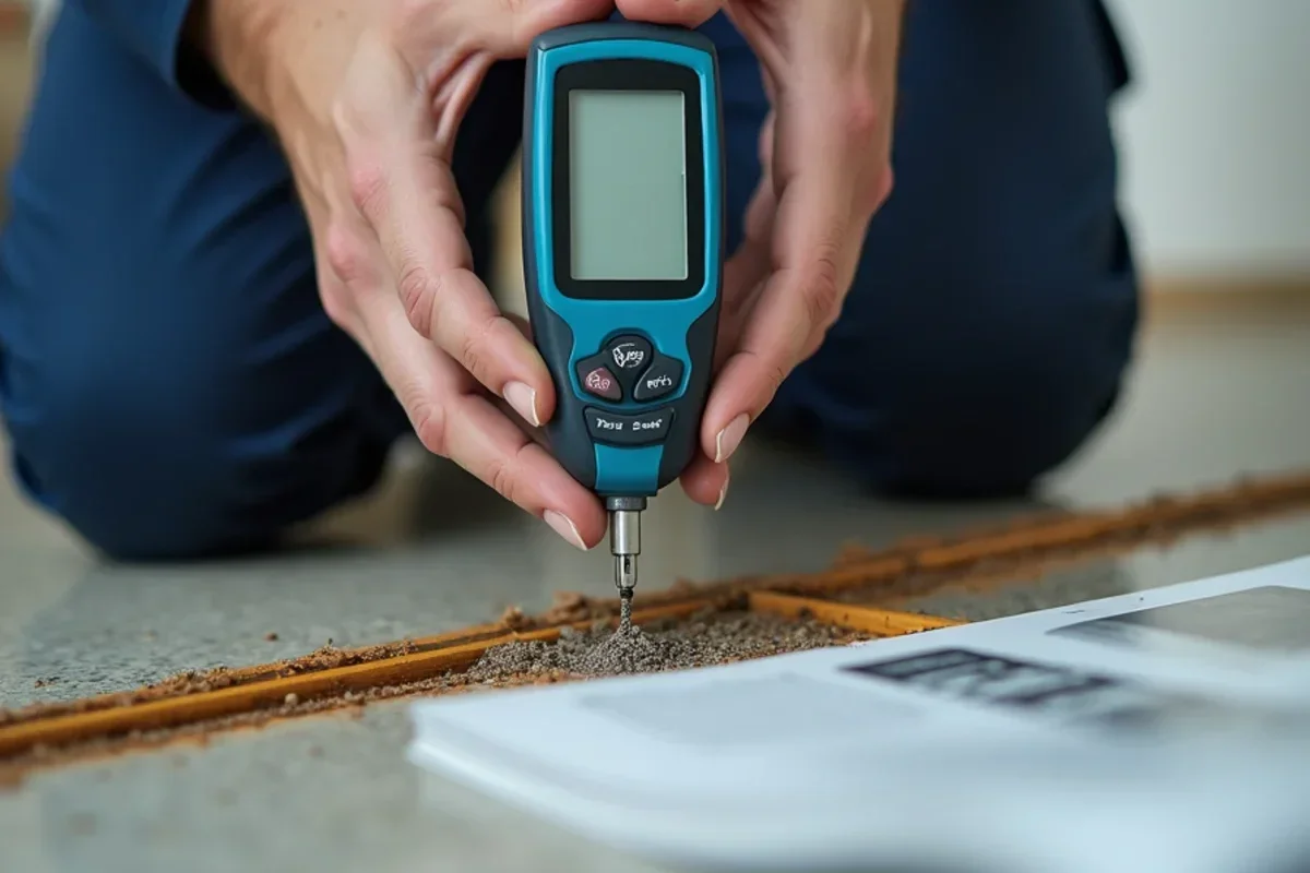 Digital moisture probe measuring saturation levels in subfloor after standing water removal