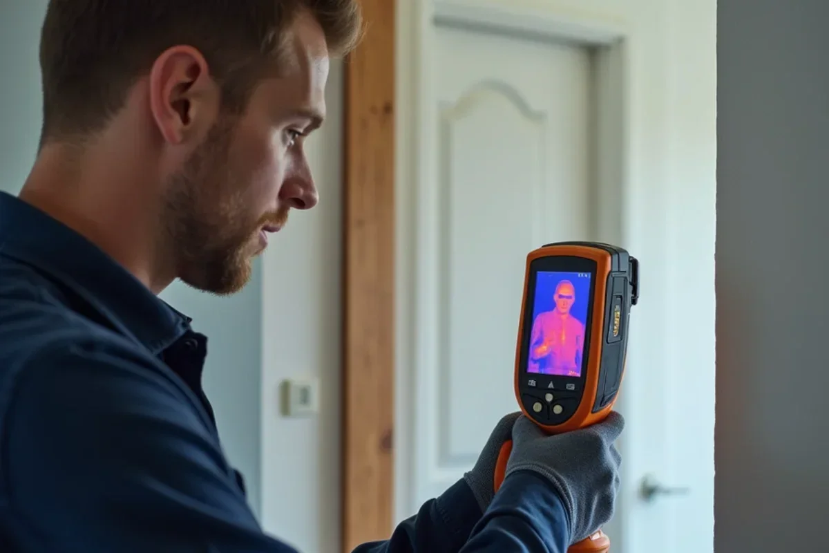 Restoration technician using infrared camera to detect moisture inside Ogden home walls